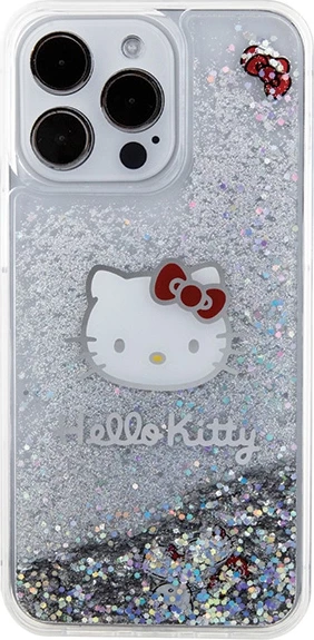 Mbështjellës Hello Kitty Liquid Glitter Charms Kitty Head për iPhone 15 Pro Max, argjendtë