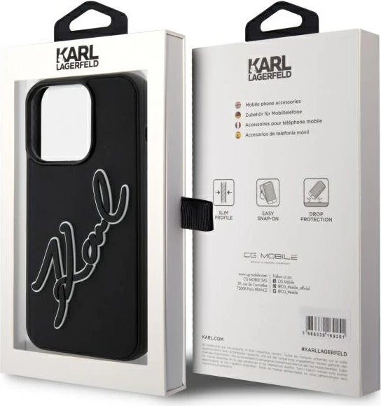 Mbështjellës Karl Lagerfeld 3D Rubber Signature për iPhone 15 Pro, i zi
