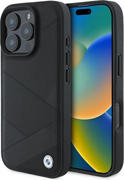 Mbështjellës BMW Leather Crossing Lines për iPhone 16 Pro, i zi