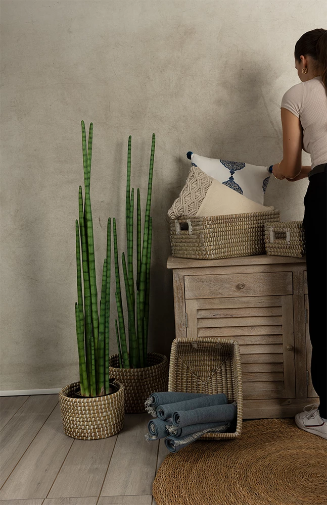 Set shporta NILE, 3 copë, kansgrass natyral-bardhë, 45x35x30cm