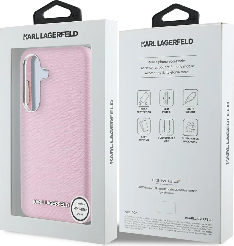 Mbështjellës Karl Lagerfeld Saffiano Full Wrapped Elongated Metal Logo MagSafe për Samsung Galaxy S25+, Rozë