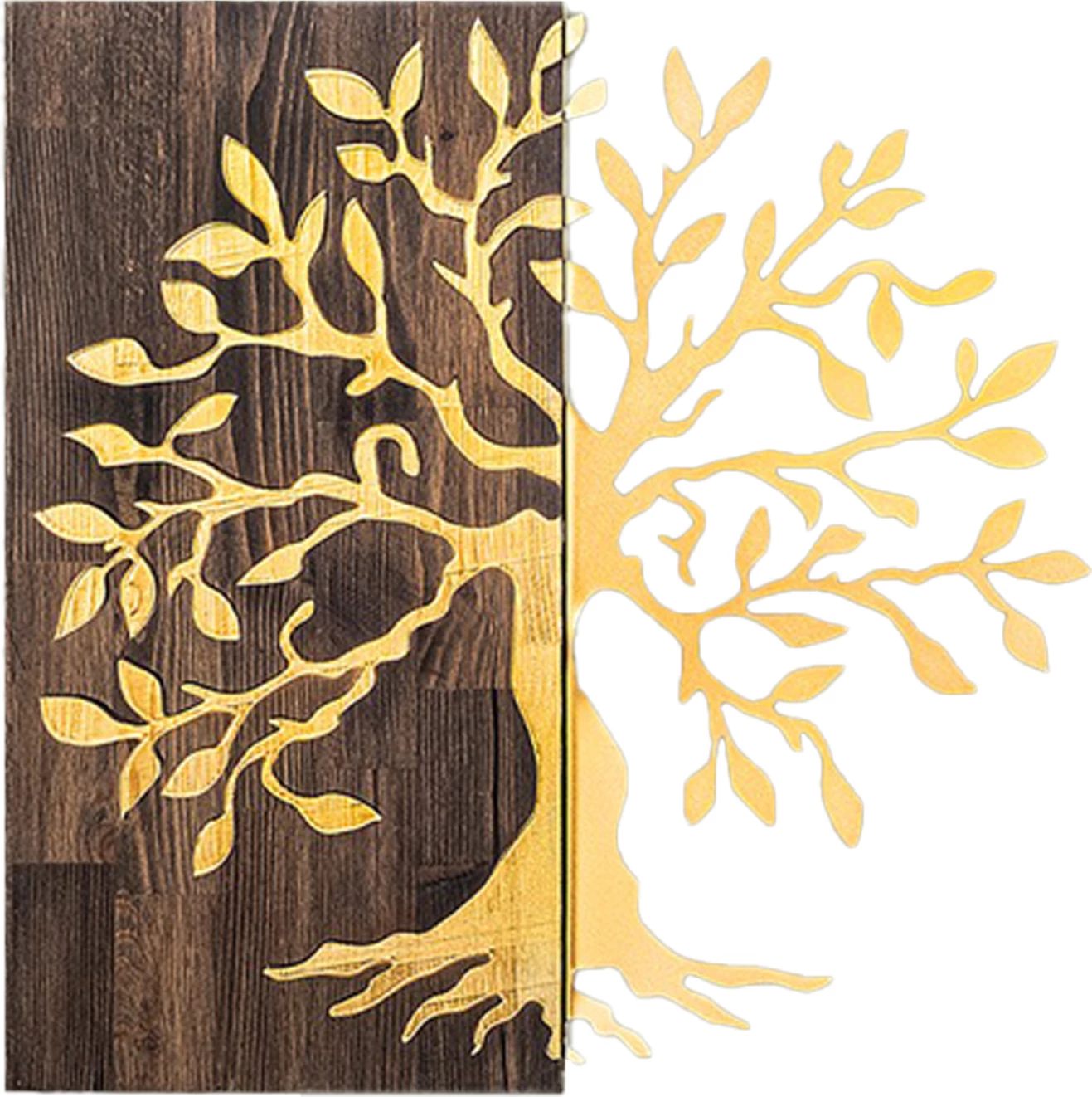 Dekor muror pemë, metal ngjyrë ari, dru arre, FH4751, 58x3x58cm