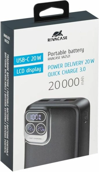 Powerbank RIVACASE VA2521 20000mAh 20W Quick Charge 3.0 (PD 3.0), LCD, gri e errët