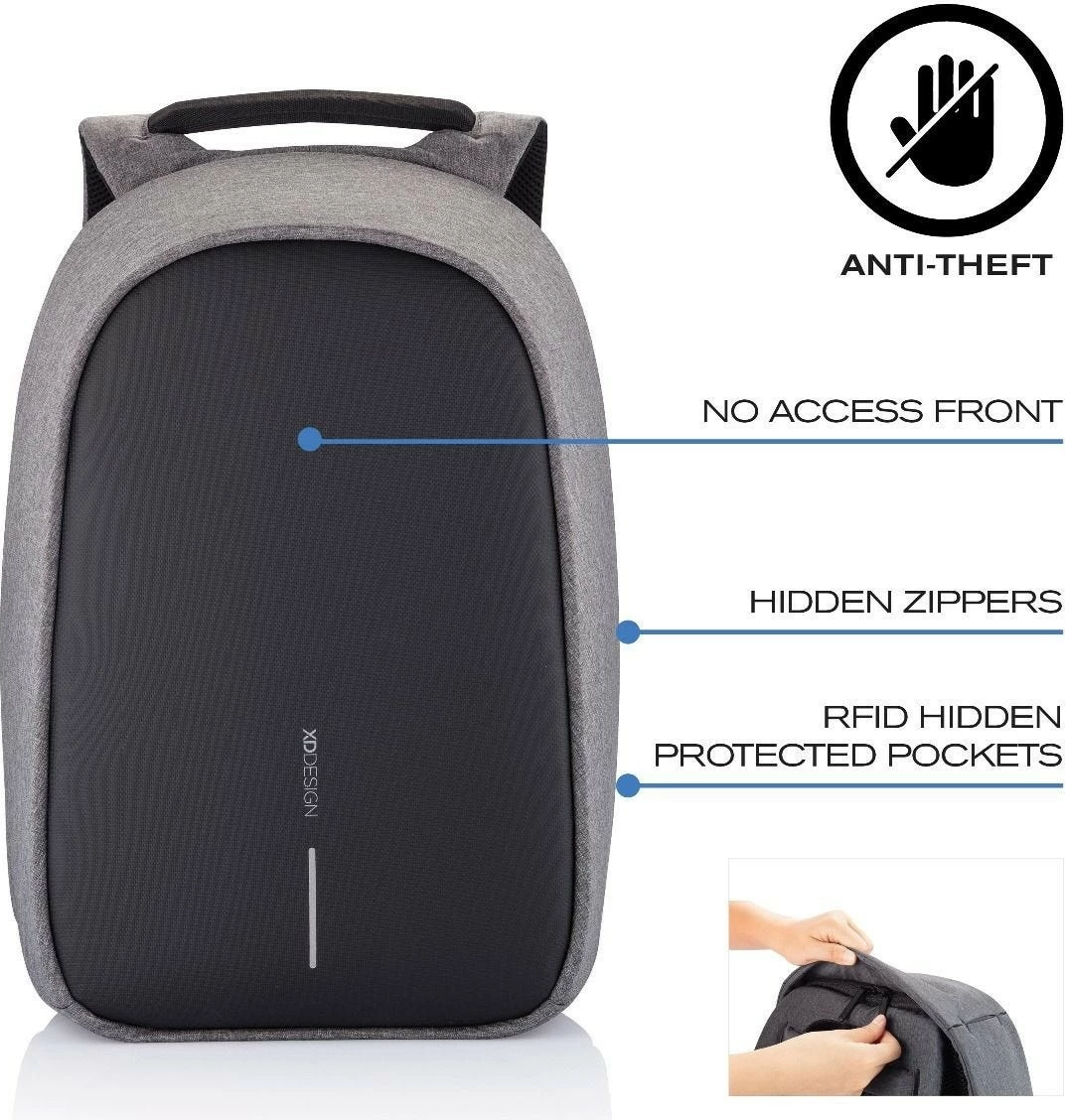 çantë shpine anti‑vjedhje, XD Design, Bobby Hero Small P705.702, 13.3 inç, 10.5L, port USB, RPET, gri