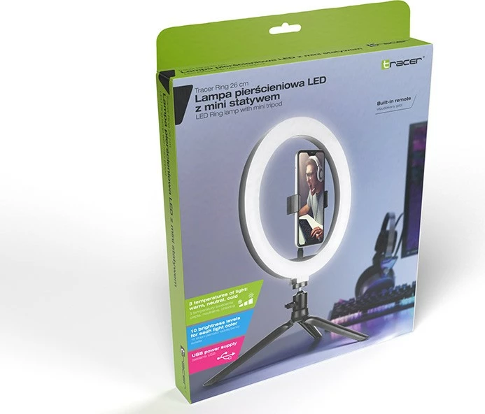 Ring Light Tracer TRAOSW46747 me tripod të vogël, 26 cm, LED, USB, e zezë