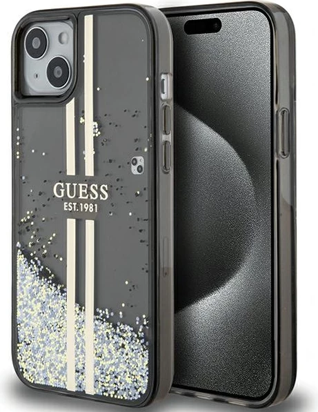 Mbështjellës Guess Liquid Glitter Gold Stripes për iPhone 15 Plus / 14 Plus, e zezë