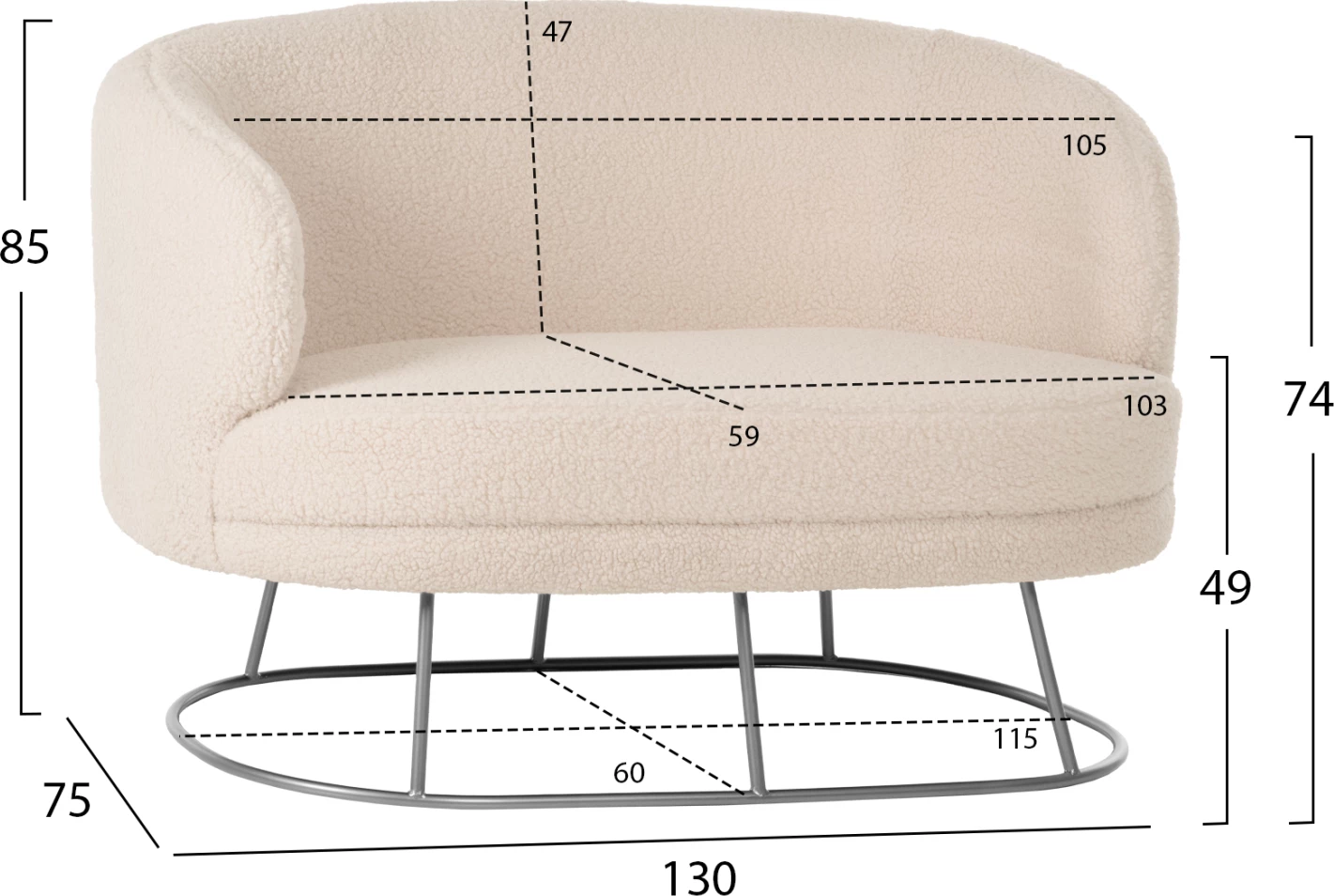 Divan 2-vendësh ARIEN FH8492.23, pëlhurë boucle e bardhë dhe bazë metalike argjendi, 130x75x85H cm