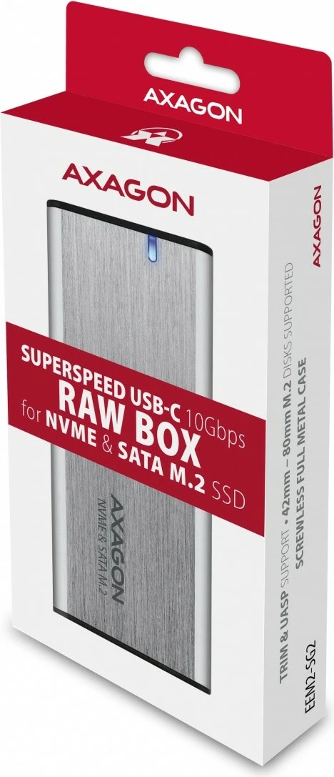 Kasë e jashtme AXAGON EEM2-SG2 për SSD M.2 NVMe & SATA, USB-C 3.2 Gen 2, Alumini, Argjendtë