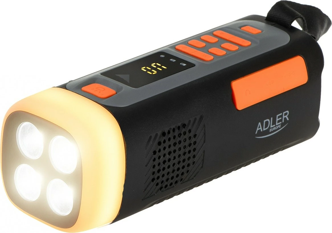 Radio emergjence Adler AD1920 me panel solar, Bluetooth 5.0, powerbank 4500 mAh, dritë LED 4W, e zezë