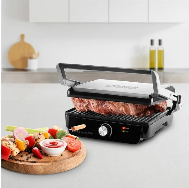 grill elektrik kontaktues UFESA Press Grill Jaya 2000 2000 W, hapje 180°, pllaka 29×24.5 cm, anti-ngjitëse, zi/argjend
