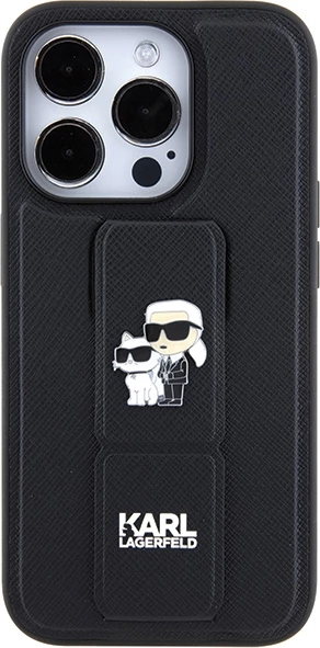 Mbështjellës Karl Lagerfeld Gripstand Saffiano Karl&Choupette Pins për iPhone 14 Pro, i zi