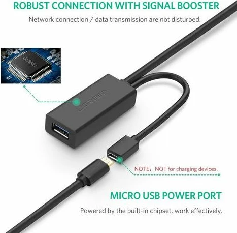 Zgjatues USB 3.0 aktiv UGREEN 20827, 10 m, 5 Gbps, USB-A në USB-A, me portë micro USB për energji, i zi