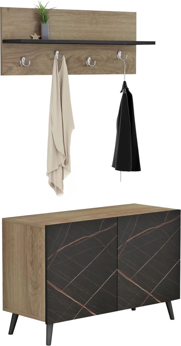 Set mobiljesh për hyrje DELPHINE FH8876.12 melaminë në ngjyrë mermeri të zi-dru natyral 80x31,3x41,5Hcm