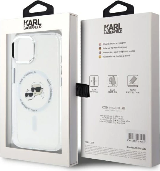 Mbështjellës Karl Lagerfeld IML Metal Karl&Choupette Head MagSafe për iPhone 15, Bardhë