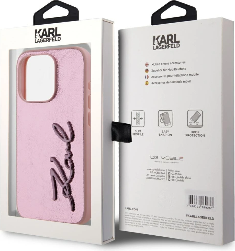 Mbështjellës Karl Lagerfeld Wrinkled Metal Signature për iPhone 15 Pro, Rozë