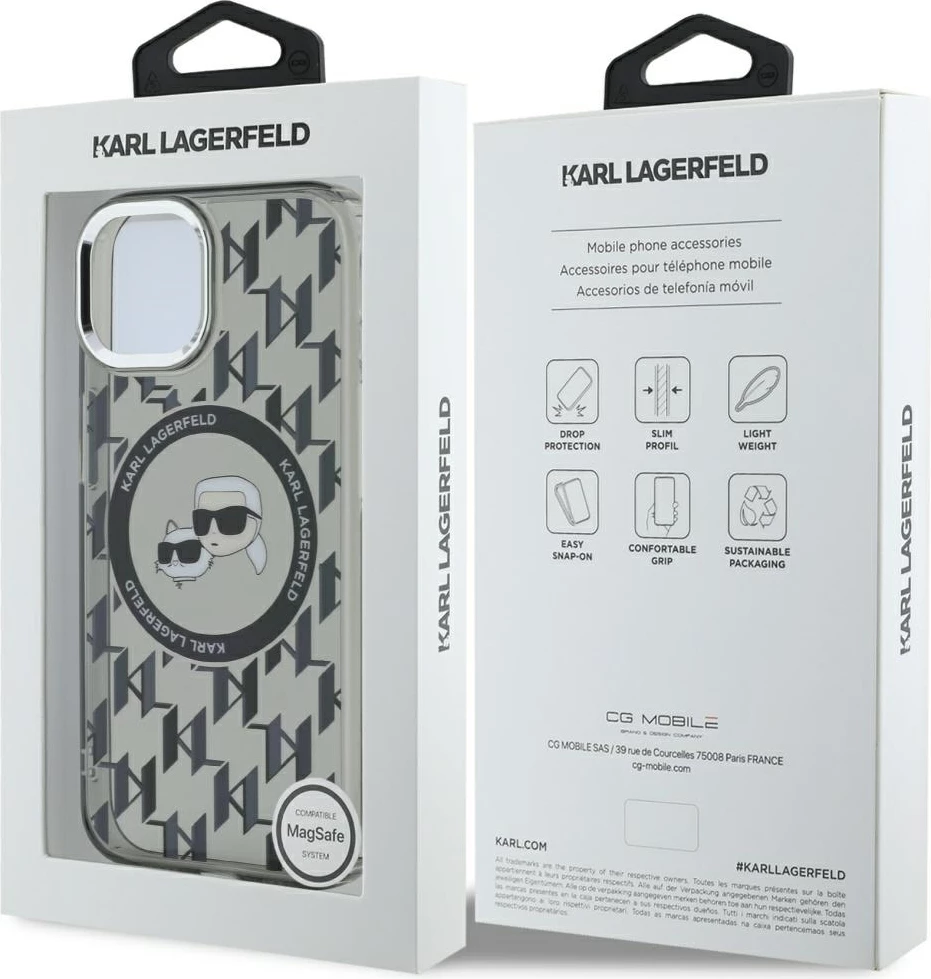 Mbështjellës Karl Lagerfeld IML Monogram Karl & Choupette Head MagSafe për iPhone 15 Plus, Zi