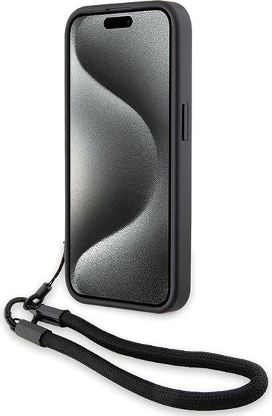 Mbështjellës BMW Signature Leather Wordmark Cord për iPhone 15 Pro, lëkurë, i zi