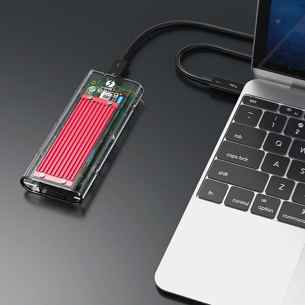 Kasë Orico TCM2-C3 për SSD M.2 NVMe në USB-C, 10Gb/s, Transparent/Kuqe
