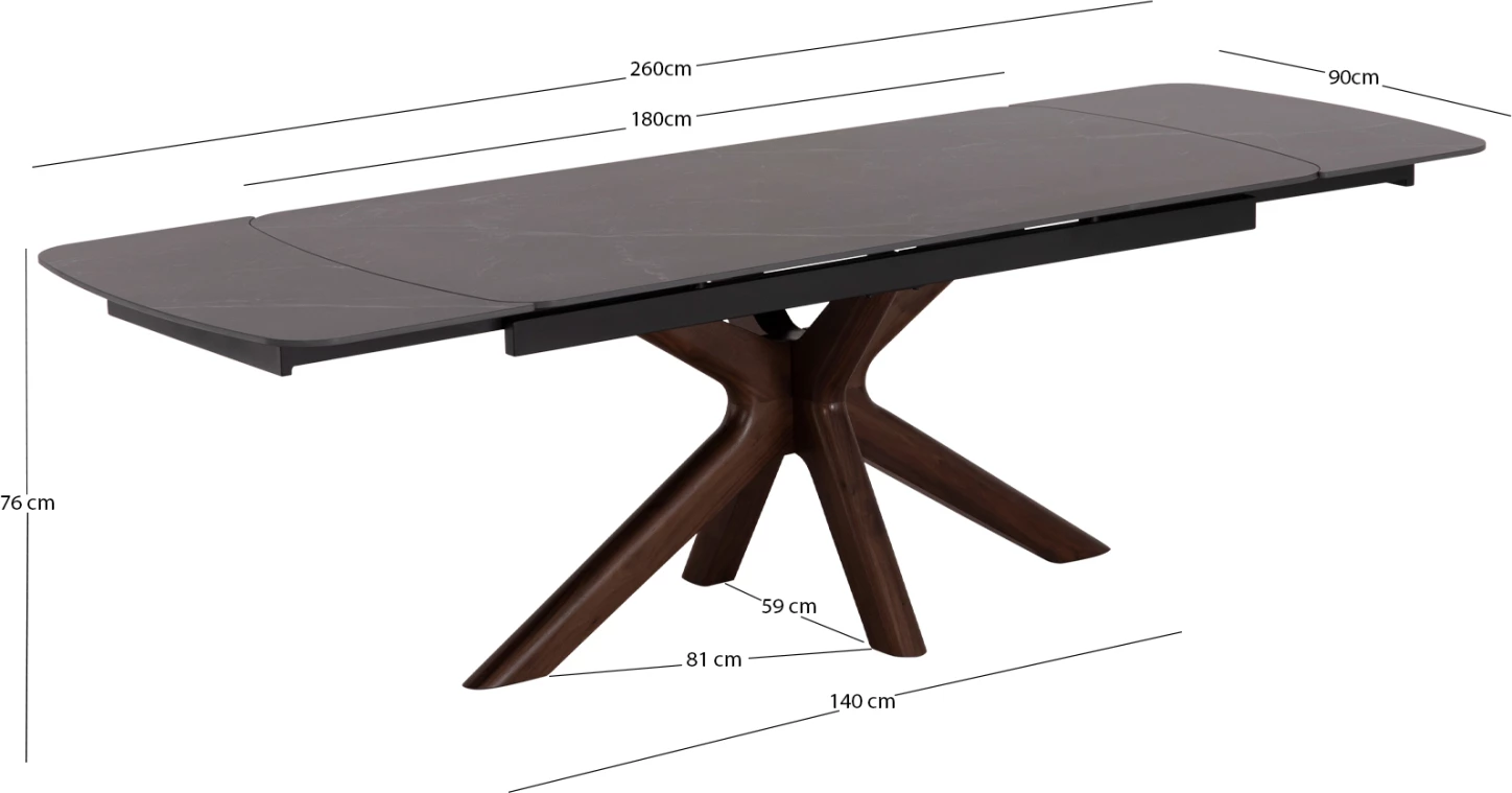 Tavolinë ngrënieje HORIZON, sipërfaqe qeramike, këmbë betuli me shtresë arre, CD18091.01, 180x90x76cm