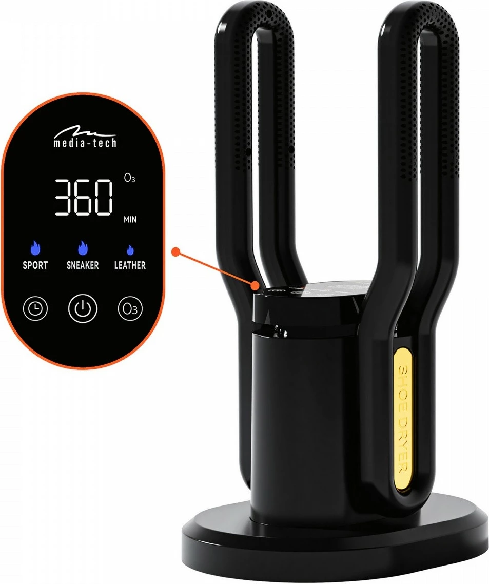 Tharëse këpucësh Media-Tech MT6539, rregullim automatik 40-55°C, ozon 50 mg/h, timer 15-360 min, panel dixhital, mbrojtje nga mbinxehja, e zezë/e verdhë