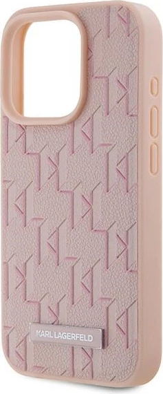 Mbështjellës Karl Lagerfeld Leather Monogram Metal Logo për iPhone 15 Pro Max, Rozë