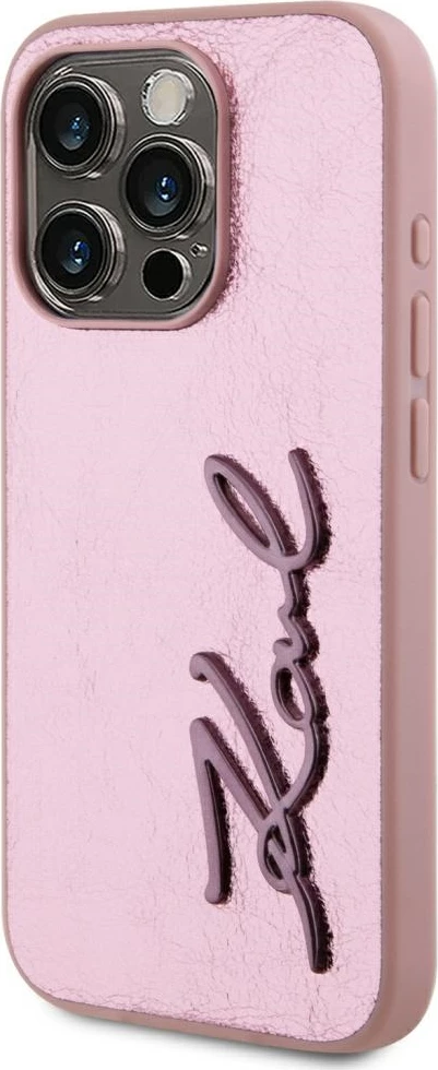 Mbështjellës Karl Lagerfeld Wrinkled Metal Signature për iPhone 15 Pro, Rozë