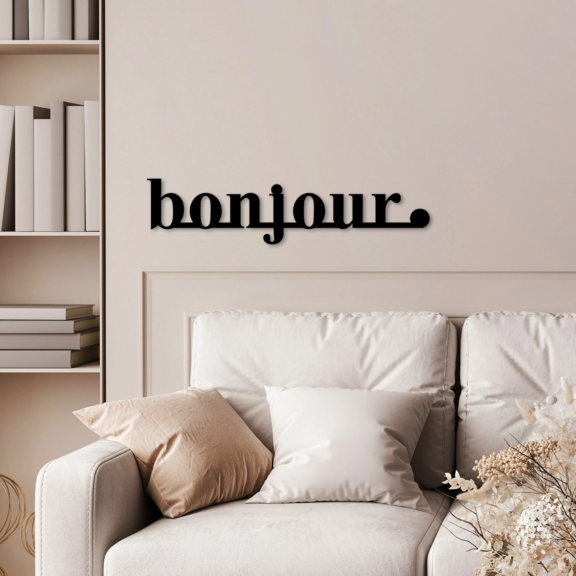 Aksesor dekorativ metalik për mur, Wallity, Bonjour, ngjyrë e zezë, 70x16cm