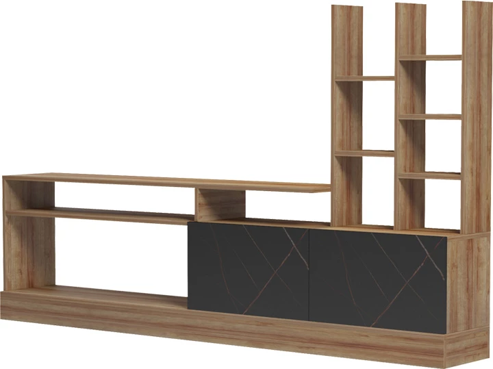 Komodë TV Seruno, ngjyrë lis dhe mermer i zi, 170x25x100cm