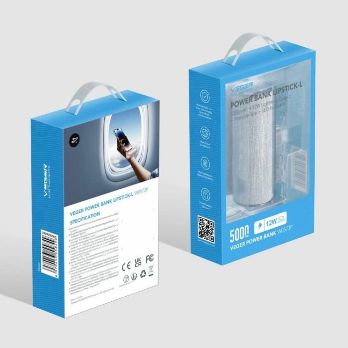 Powerbank VEGER W0573S 5000mAh USB-C me port të integrum, 12W PD/QC3.0, argjendtë