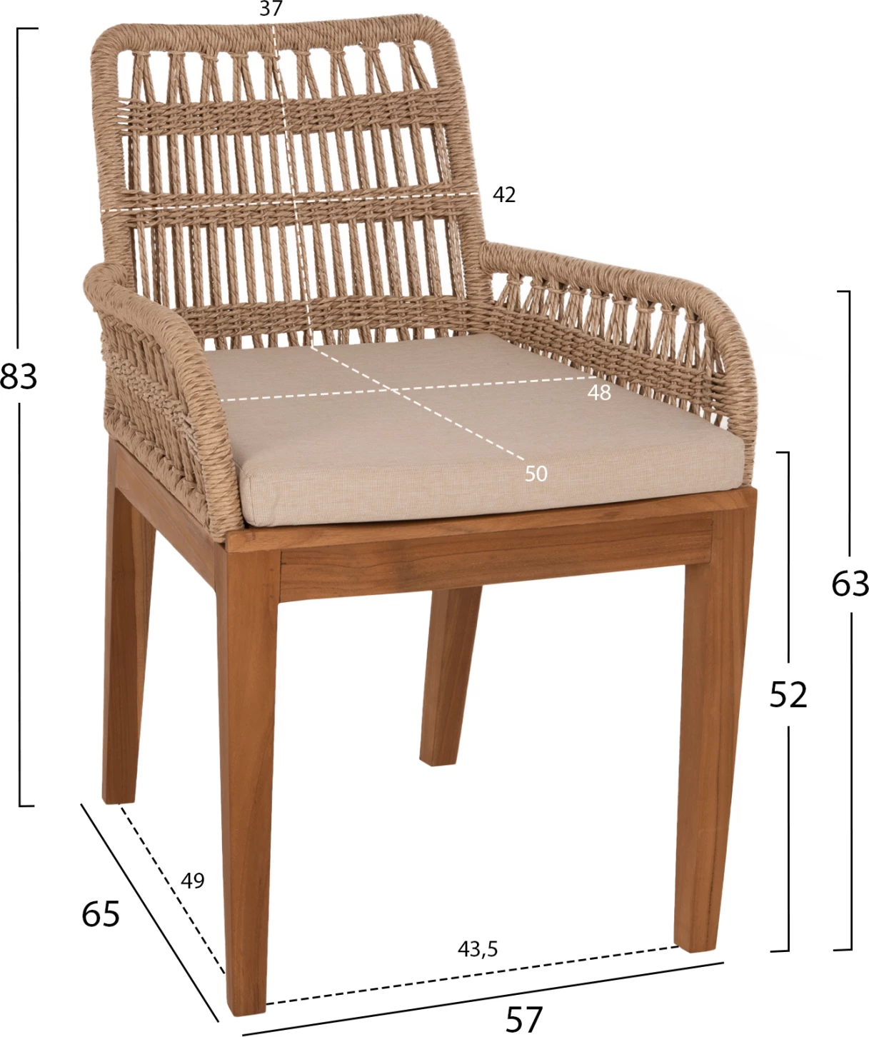 Karrige STARDOM, dru teak dhe litar, ngjyrë natyrale, FH9760.01, 57x65x83H cm