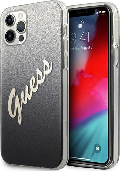 Mbështjellës Guess GUHCP12MPCUGLSBK për iPhone 12/12 Pro 6.1", i fortë, Glitter Gradient, i zi