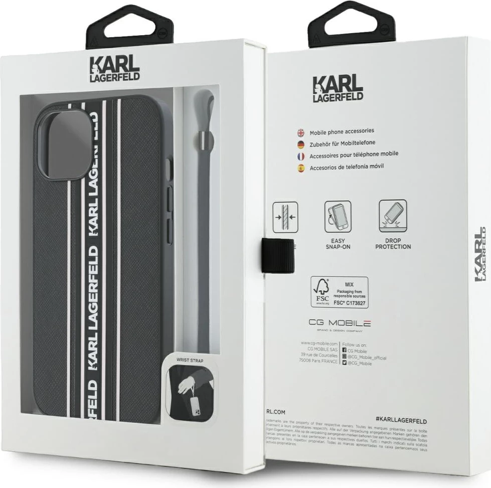 Mbështjellës Karl Lagerfeld Saffiano Athleisure Stripes Cord për iPhone 15, Rozë