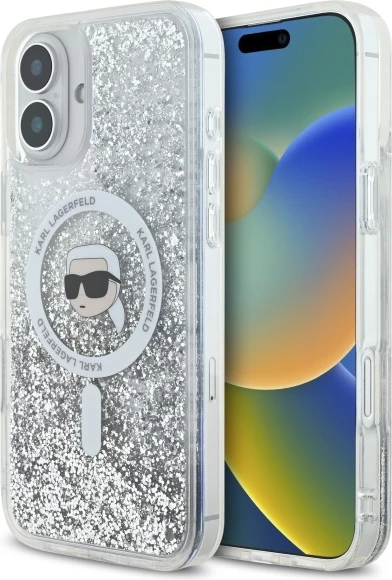 Mbështjellës Karl Lagerfeld Liquid Glitter Karl Head MagSafe për iPhone 16 Plus, Transparent