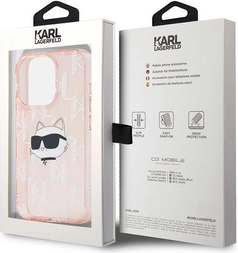 Mbështjellës Karl Lagerfeld IML Choupette Head & Monogram për iPhone 15 Pro Max, rozë