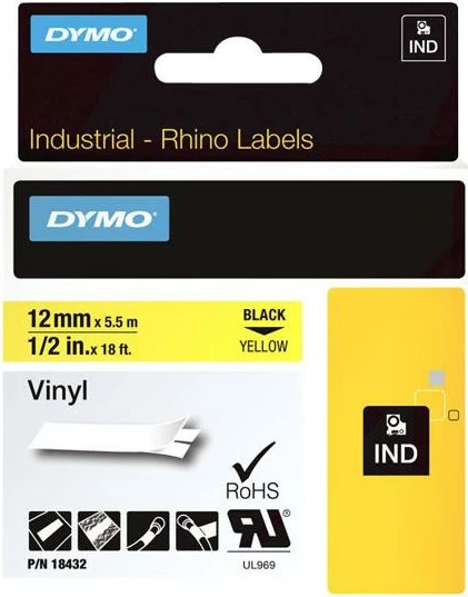 Shirit etiketimi Dymo RhinoPRO 18432 12mm x 5.5m vinil, zi/verdhë