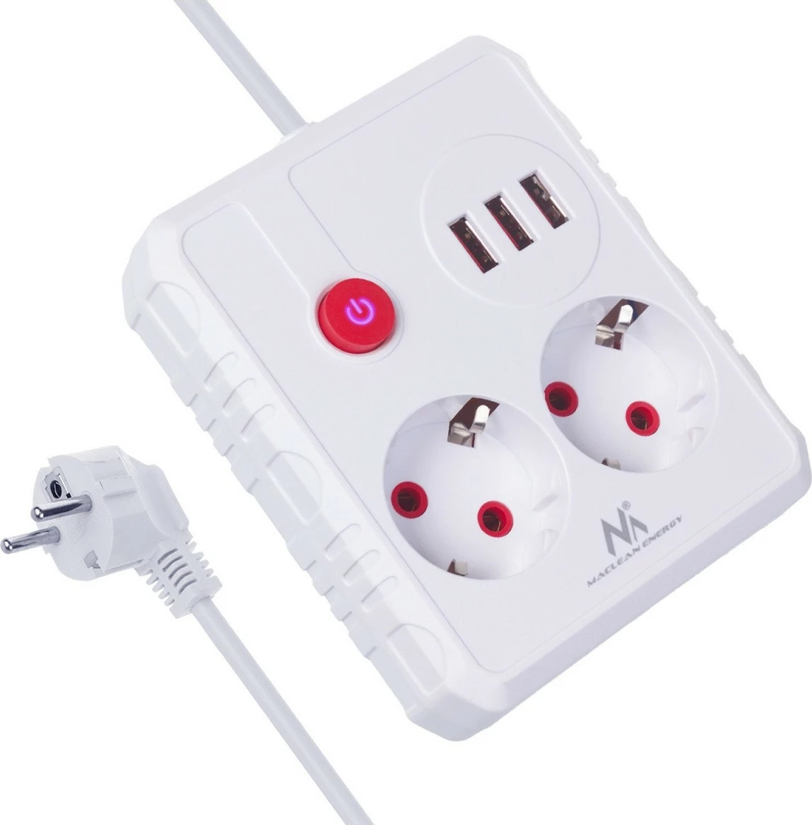 Zgjatës rryme Maclean MCE387 W 2x Schuko 3x USB 2.1A 2500W 1.5 m 110-240V i bardhë