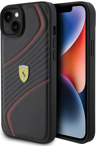 Mbështjellës Ferrari Twist Metal Logo për iPhone 15 Plus, e zezë
