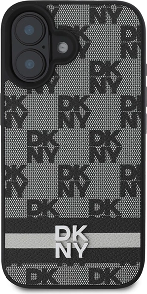 Mbështjellës DKNY Checkered Pattern & Printed Stripes për iPhone 16, i zi