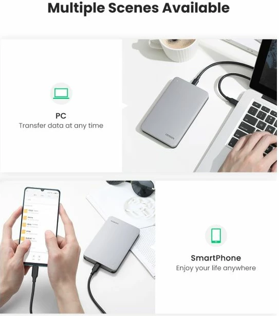 Kasë UGREEN 70499 për HDD/SSD 2.5" SATA, USB-C 3.1 Gen2, UASP, deri 6TB, argjend, me kuti