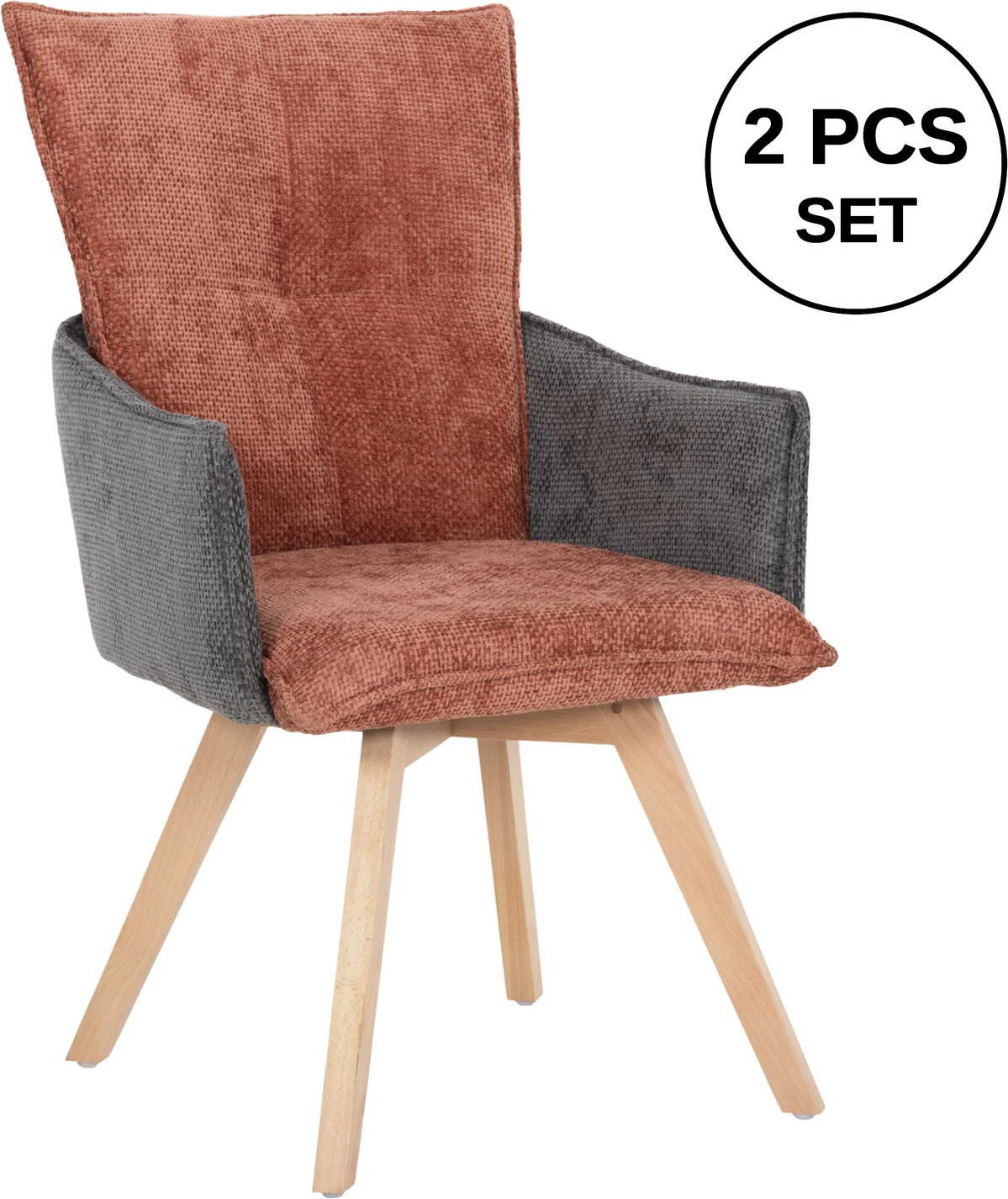 Karrige ngrënieje me krahë REX FH9847.06, ngjyrë e kuqe tullë-gri, këmbë druri ahu, 53x60x93H cm., set prej 2 copë