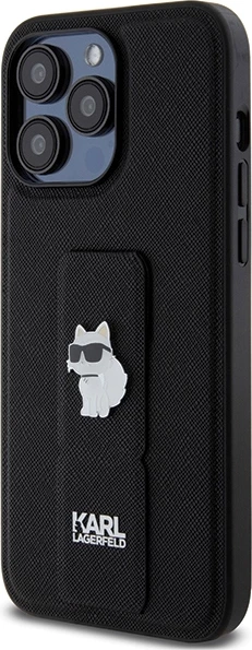 Mbështjellës Karl Lagerfeld Gripstand Saffiano Choupette Pins për iPhone 13 Pro/13, e zezë