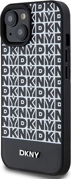 Mbështjellës DKNY Leather Printed Pattern Metal Logo MagSafe për iPhone 15/14/13, i zi