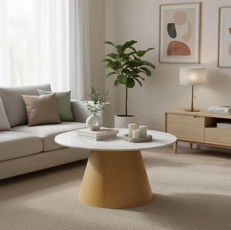 Tavolinë kafeje Soleire, gur i sinterizuar, ngjyrë mermeri e bardhë, D70x40cm