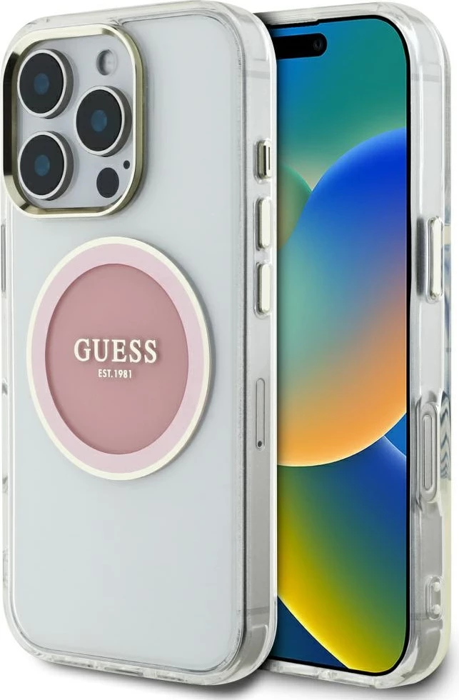 Mbështjellës Guess IML Metal Colored Circle Classic Logo MagSafe për iPhone 16 Pro Max, rozë