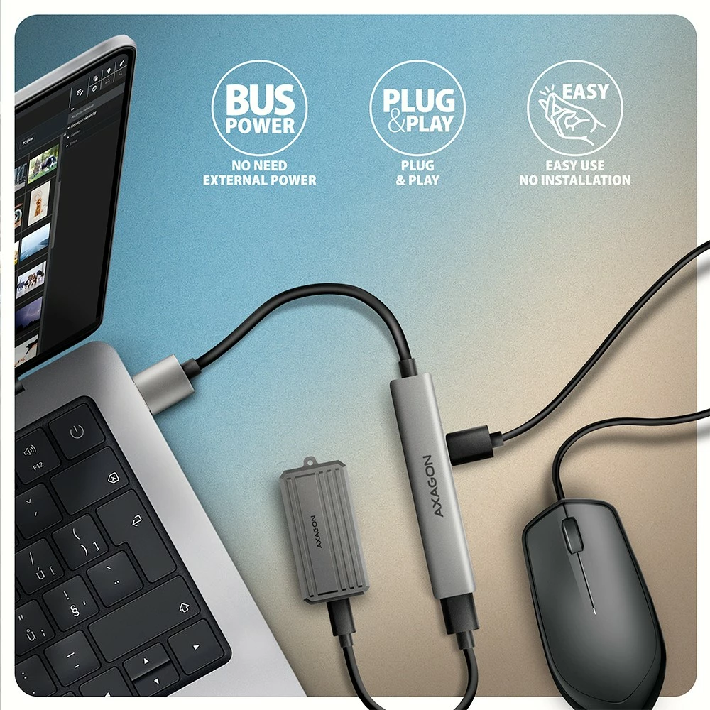 HUB USB AXAGON HUE-STA 4 porte 1x USB-A 5Gbps + 2x USB-A 2.0 + 1x USB-C 2.0, kabllo USB-A 12 cm, gri