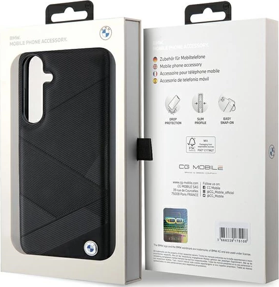 Mbështjellës BMW Signature Leather Crossing Lines Pattern për Samsung Galaxy S24, i zi