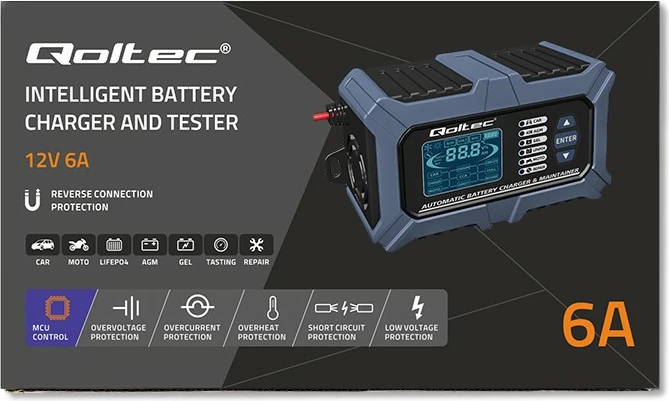 Karikues inteligjent baterie Qoltec 52488, 12V, 6A, me LCD, funksion testimi dhe riparimi, zi/blu
