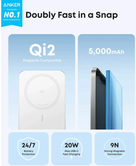 Powerbank magnetik Anker Nano A1665H21 5000 mAh Qi2/MagSafe 15W + USB-C 20W, i bardhë