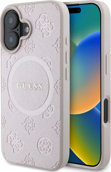 Mbështjellës Guess Saffiano Peony Classic Logo MagSafe për iPhone 16, Rozë