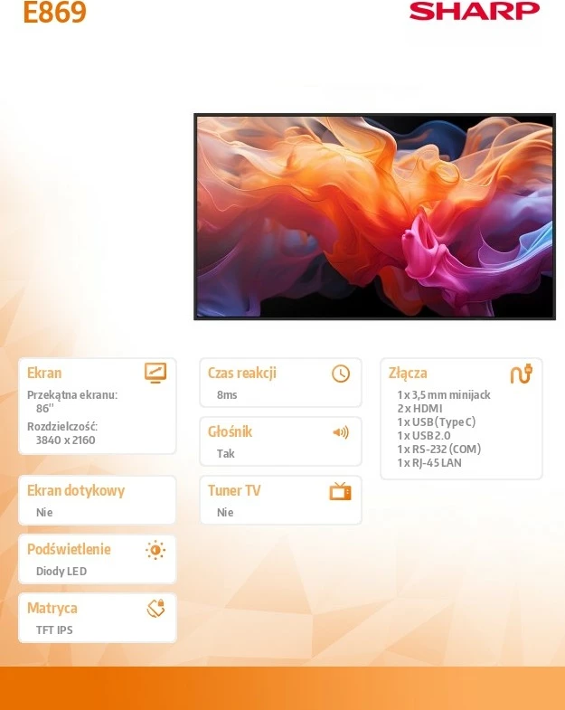 Monitor format i madh, Sharp MultiSync E869 86" UHD 16/7 350 cd/m² IPS 60Hz me altoparlantë, i zi